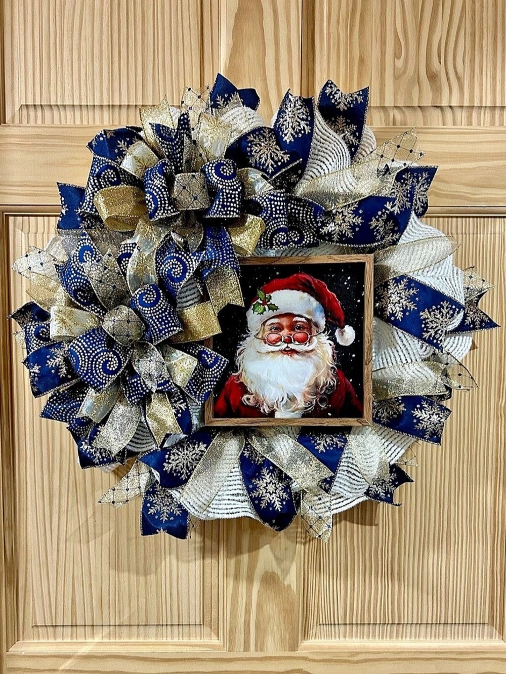Blue & White Santa Holiday Ribbon Wreath 21”x3”